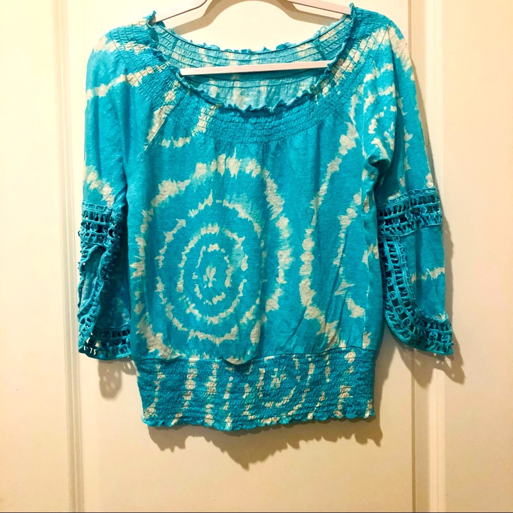 Turquoise & White Tie-Dye Crochet-Trim Bell-Sleeve Tunic